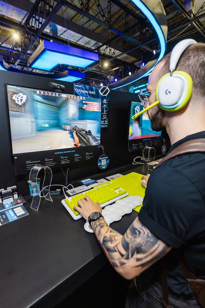 Home Man playing a video game with advanced peripherals at a technology trade fair.