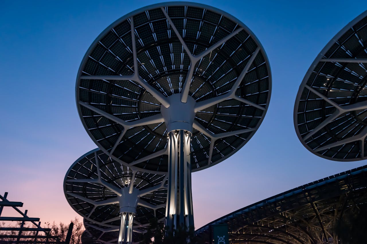 Home Illuminated solar trees at Dubai Expo 2020, showcasing sustainable energy technology.