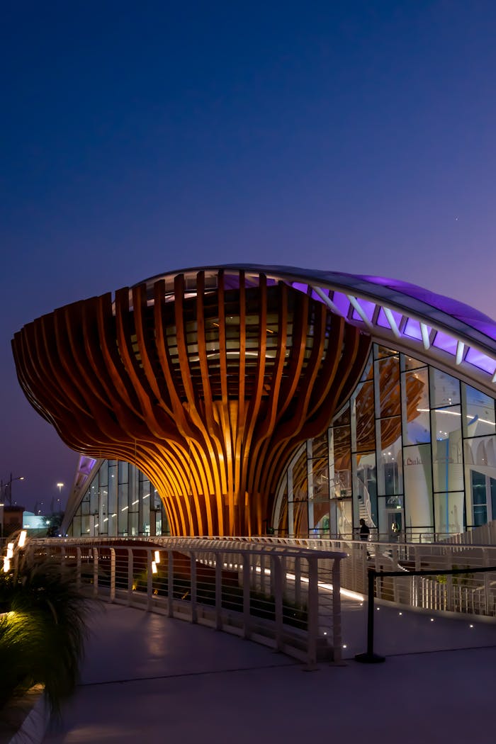 Home Stunning view of the Azerbaijan Pavilion at Dubai Expo under twilight skies.